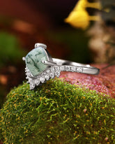 MOSSIRA Cushion Cut Moss Agate Cluster Engagement Ring